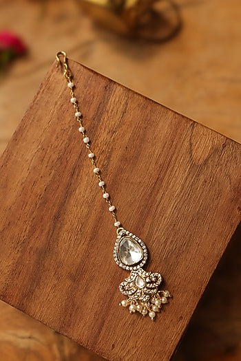 Gold Finish Kundan Polki & Shell Pearl Maangtikka