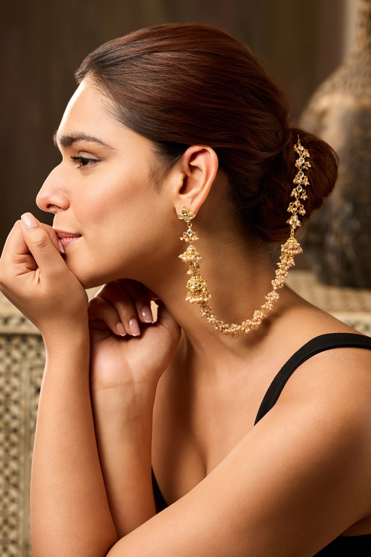 Gold Finish Shell Pearl & Kundan Polki Jhumka Earrings