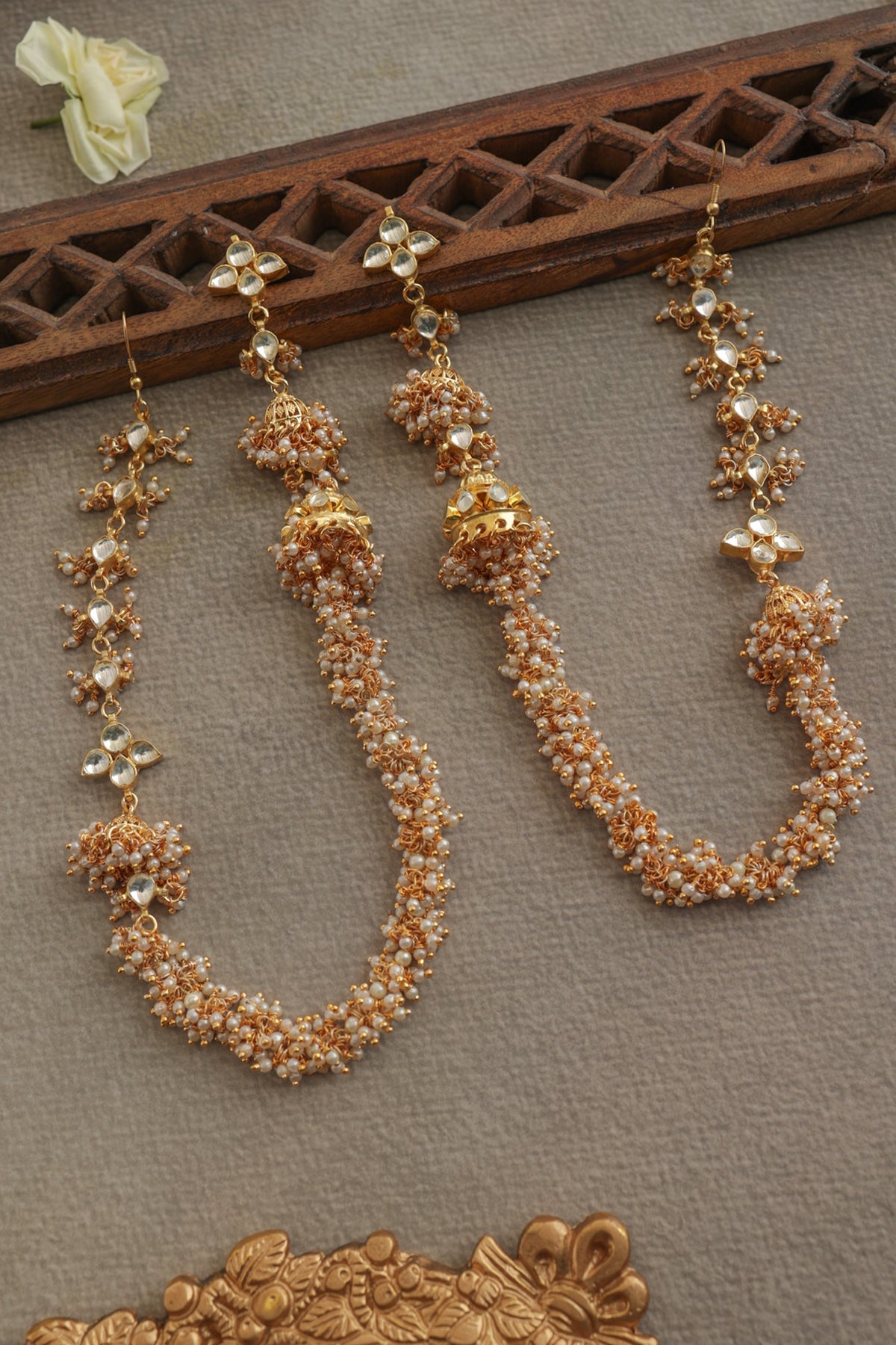 Gold Finish Shell Pearl & Kundan Polki Jhumka Earrings