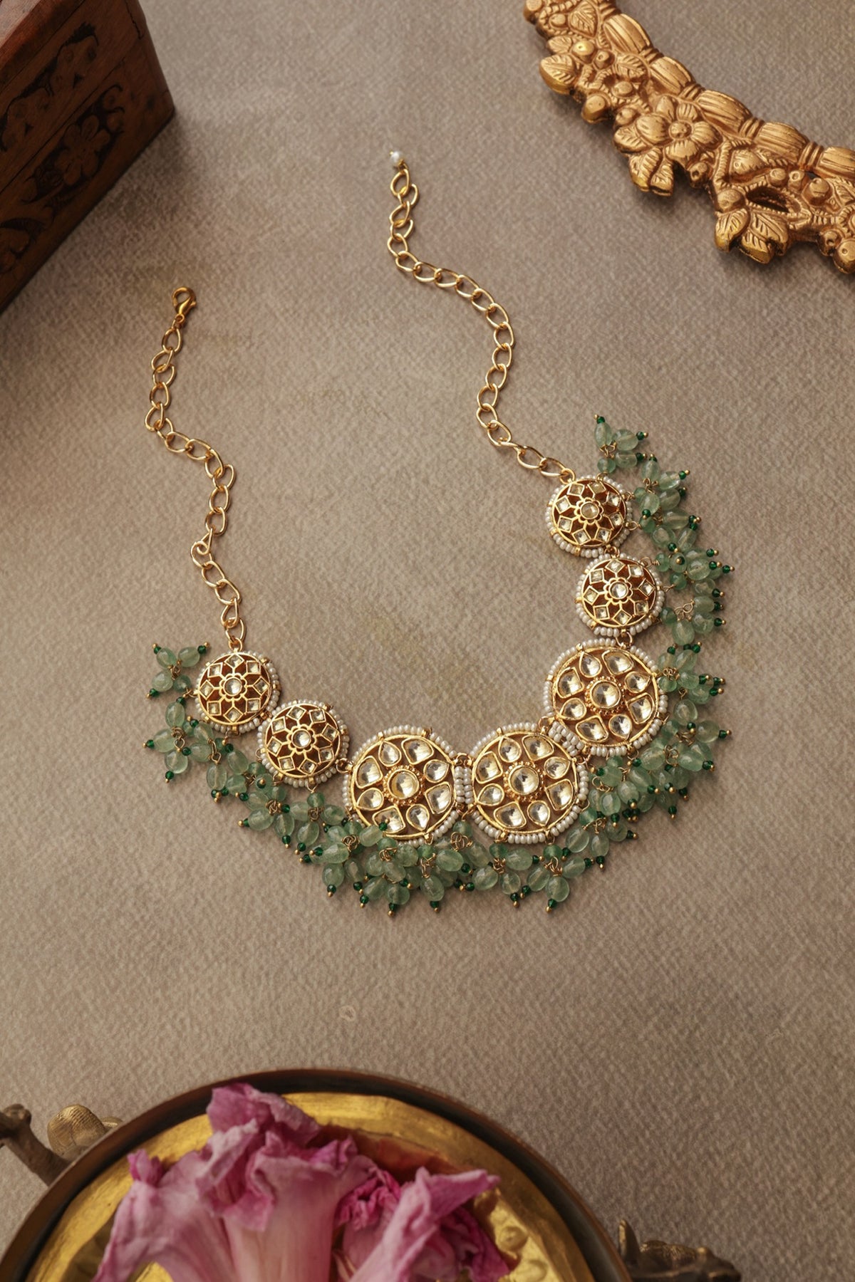 Gold Finish Kundan Polki & Natural Stone Necklace