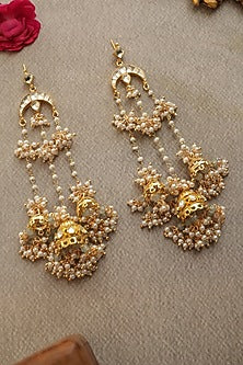 Gold Finish Kundan Polki & Shell Pearl Jhumka Earrings