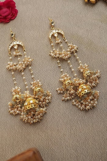 Gold Finish Kundan Polki & Shell Pearl Jhumka Earrings