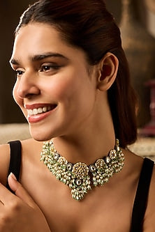 Gold Finish Kundan Polki & Mint Onyx Choker Necklace