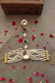 Gold Finish Kundan Polki & Pearl Hathphool