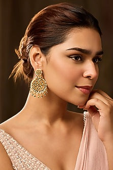 Gold Finish Kundan Polki & Shell Pearl Dangler Earrings