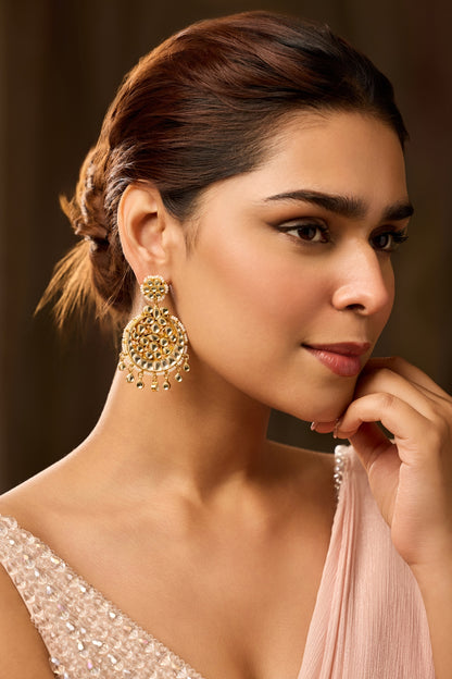 Gold Finish Kundan Polki & Shell Pearl Dangler Earrings