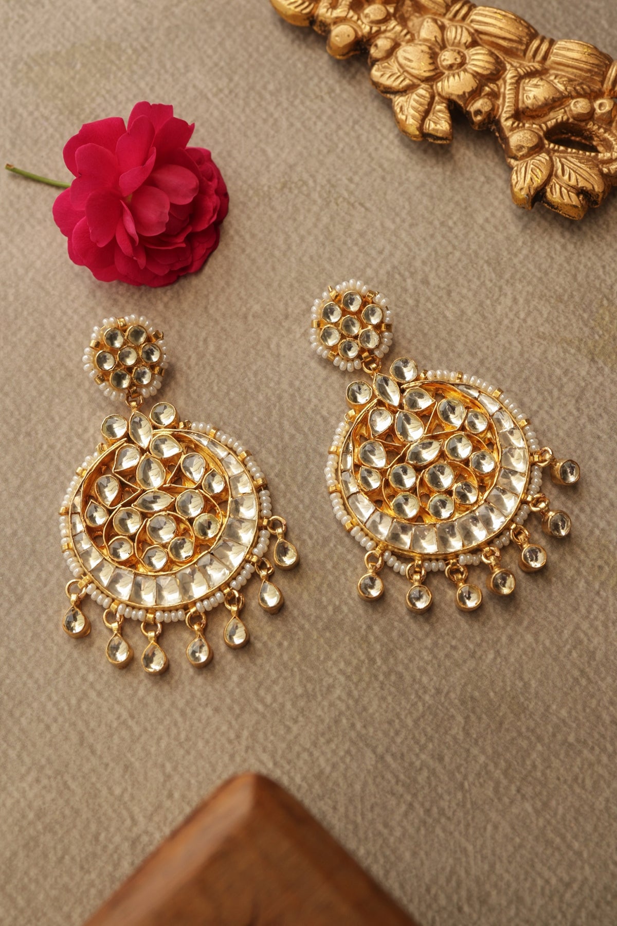 Gold Finish Kundan Polki & Shell Pearl Dangler Earrings