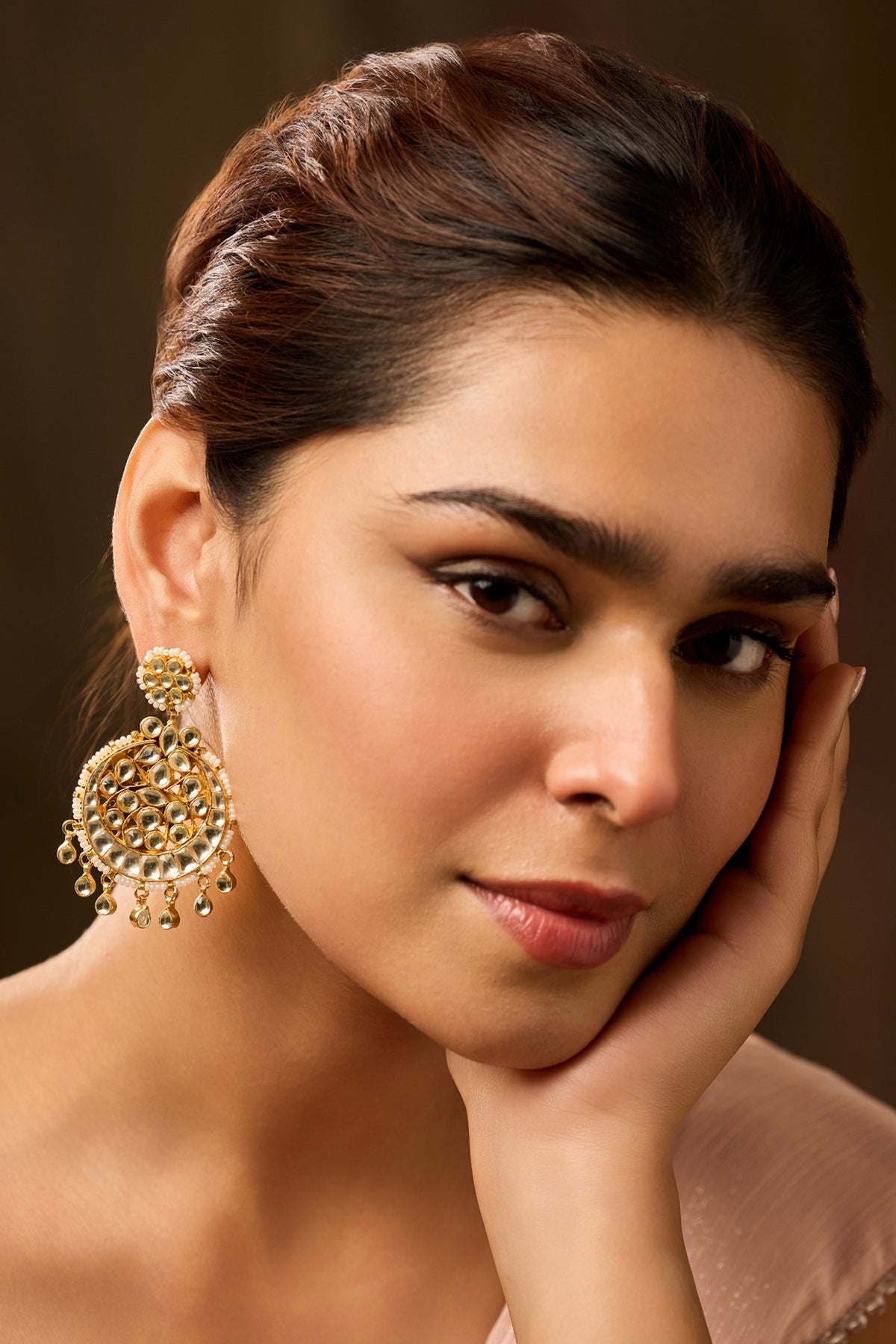 Gold Finish Kundan Polki & Shell Pearl Dangler Earrings
