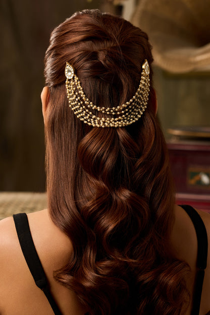 Gold Finish Kundan Polki & Pearl Braid Pin