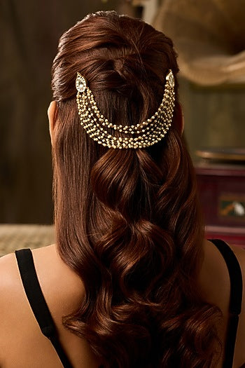 Gold Finish Kundan Polki & Pearl Braid Pin