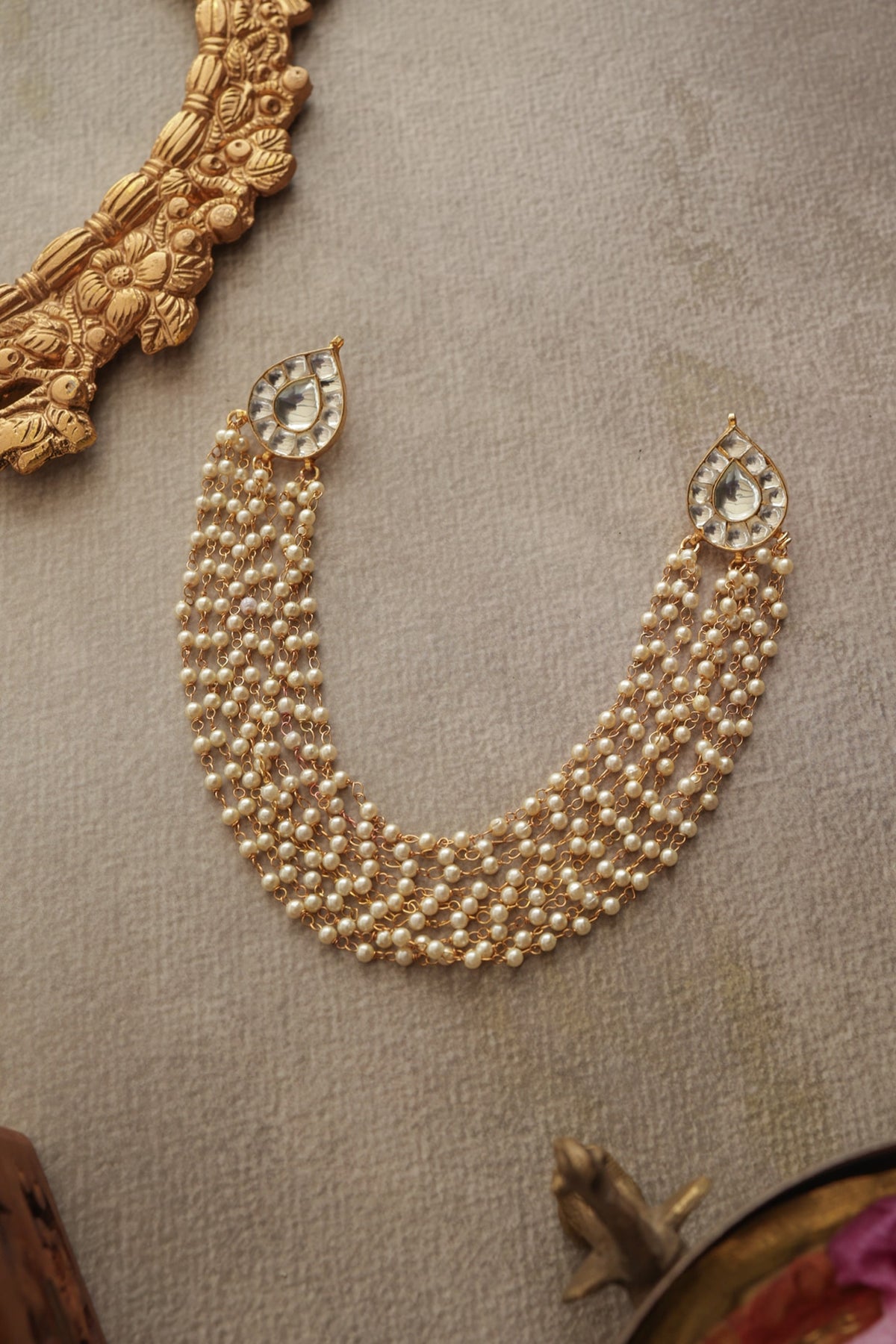 Gold Finish Kundan Polki & Pearl Braid Pin
