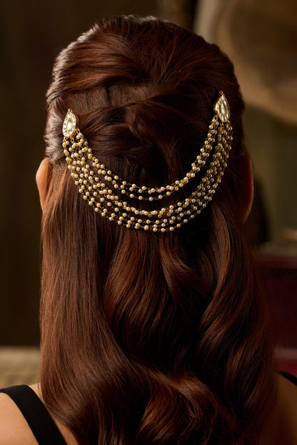 Gold Finish Kundan Polki & Pearl Braid Pin