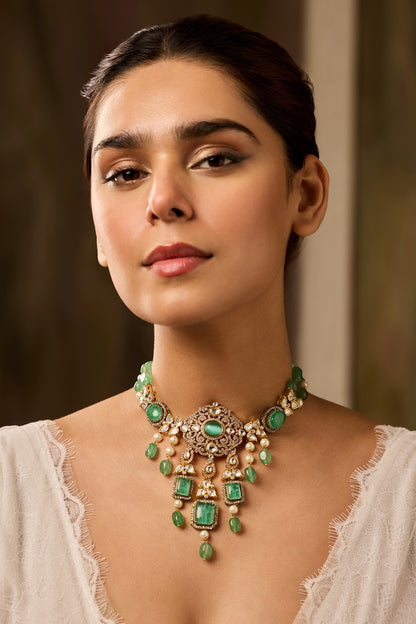 Gold Finish Kundan Polki & Natural Stone Necklace