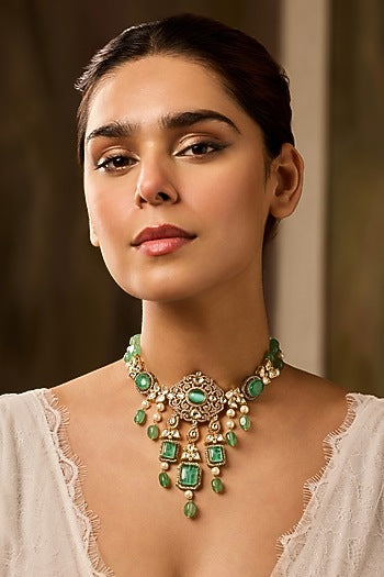 Gold Finish Kundan Polki & Natural Stone Necklace