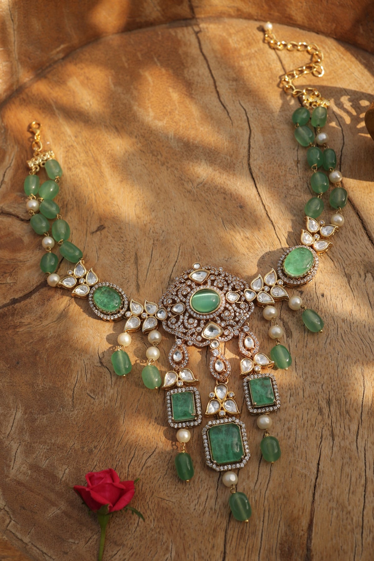 Gold Finish Kundan Polki & Natural Stone Necklace