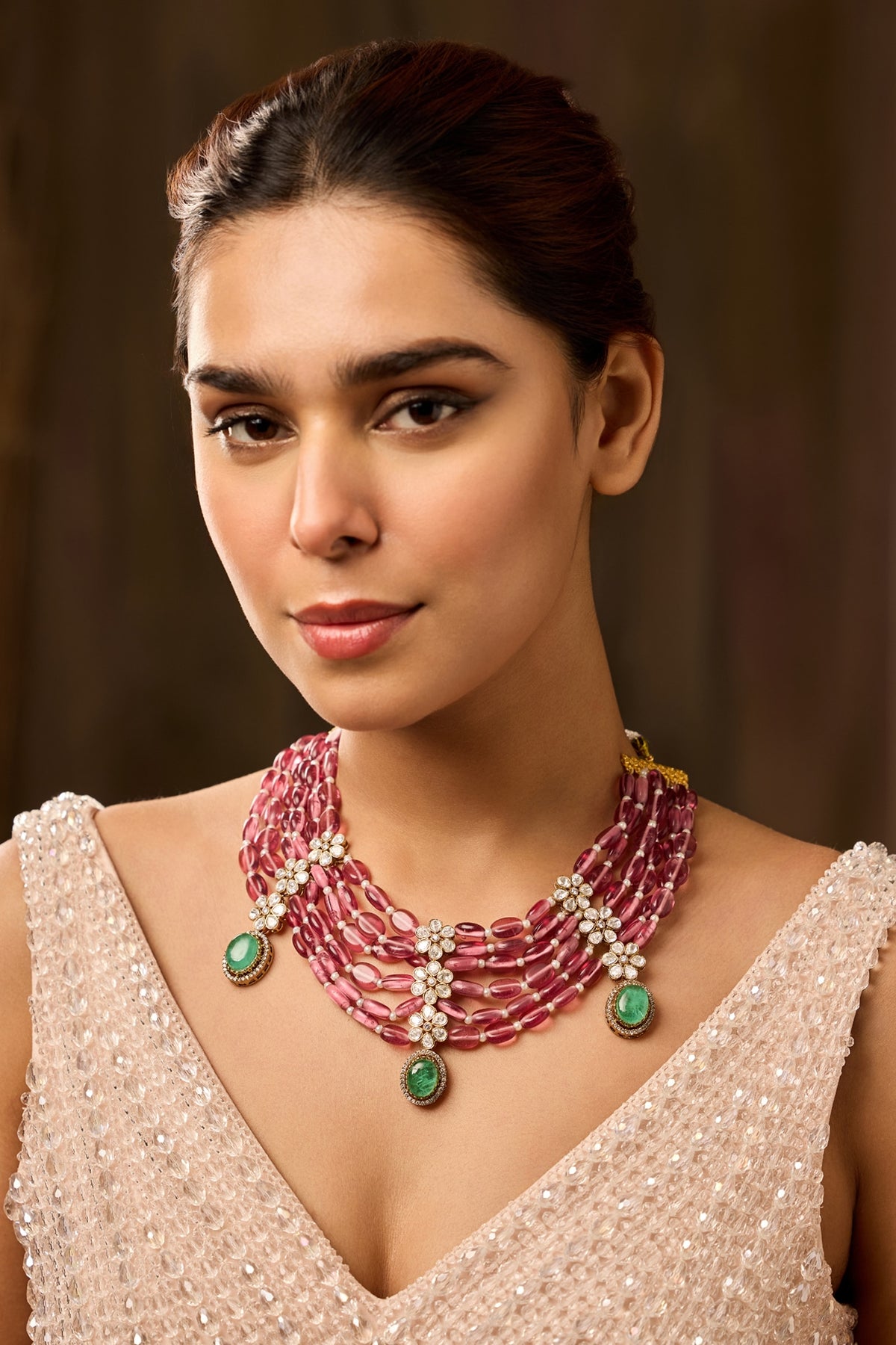 Gold Finish Kundan Polki & Pink Fluorite Beaded Necklace