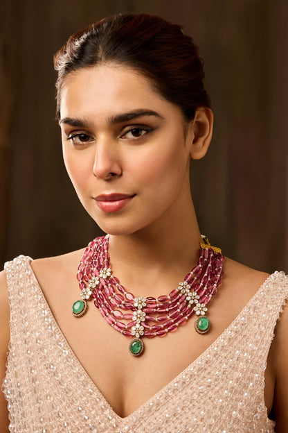 Gold Finish Kundan Polki & Pink Fluorite Beaded Necklace