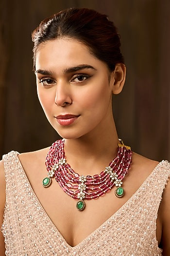 Gold Finish Kundan Polki & Pink Fluorite Beaded Necklace