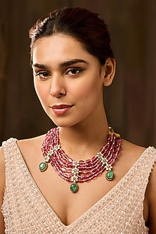 Gold Finish Kundan Polki & Pink Fluorite Beaded Necklace