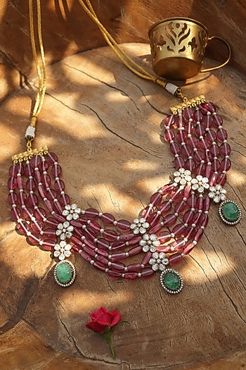 Gold Finish Kundan Polki & Pink Fluorite Beaded Necklace