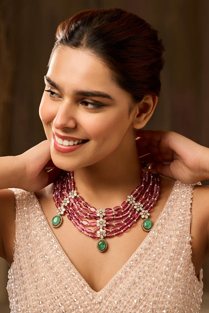 Gold Finish Kundan Polki & Pink Fluorite Beaded Necklace