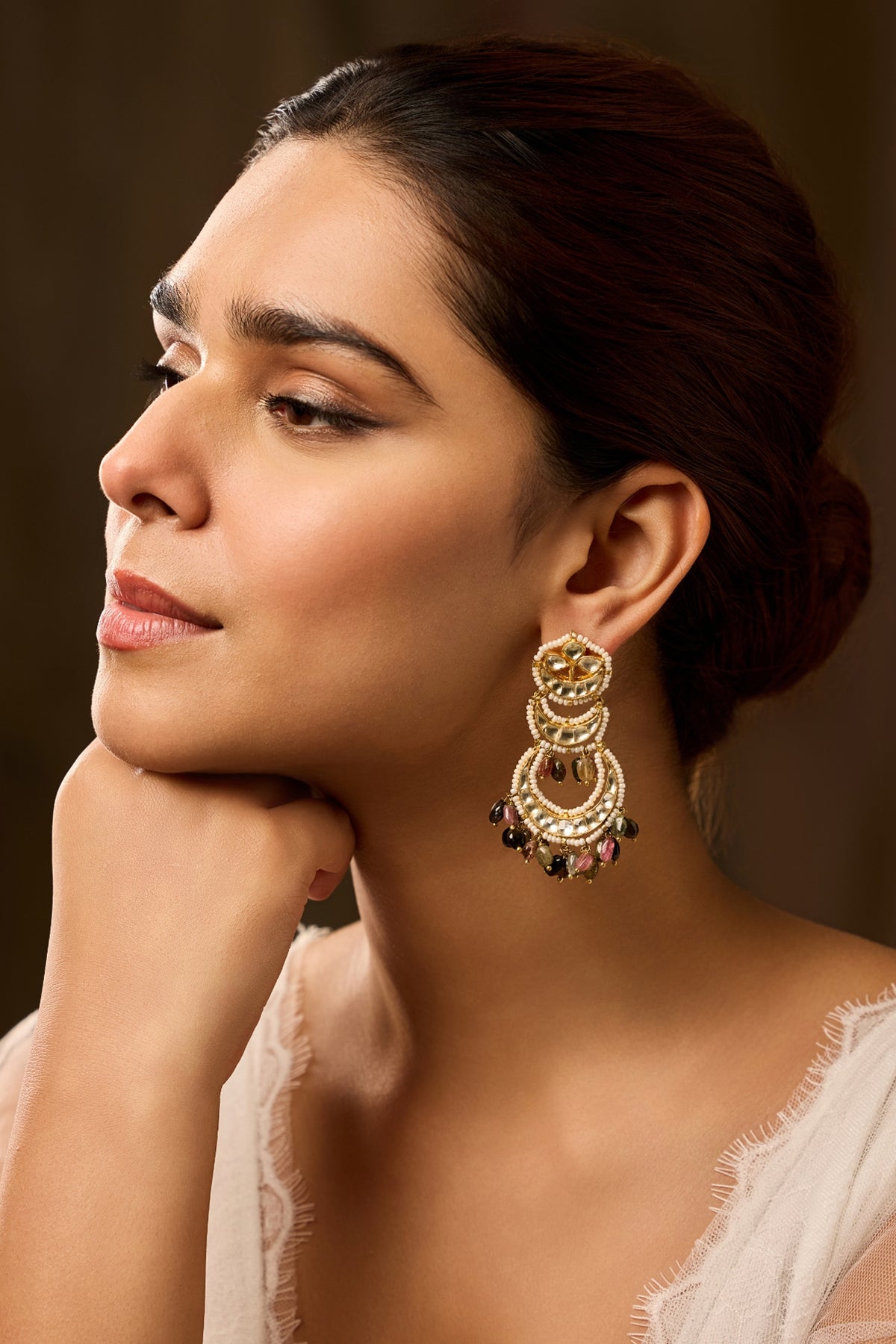 Gold Finish Kundan Polki & Multi-Colored Tourmaline Stone Dangler Earrings