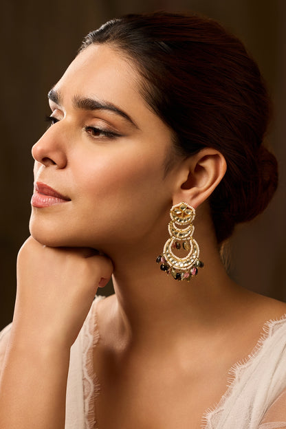 Gold Finish Kundan Polki & Multi-Colored Tourmaline Stone Dangler Earrings