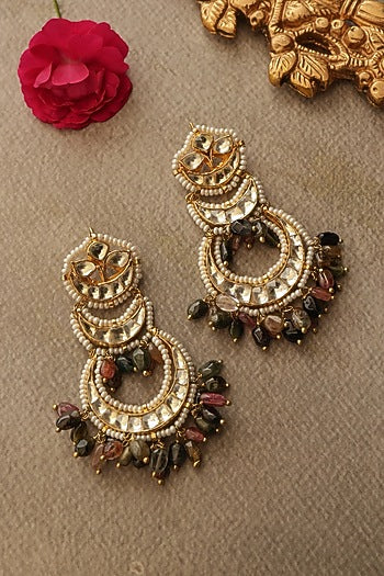 Gold Finish Kundan Polki & Multi-Colored Tourmaline Stone Dangler Earrings