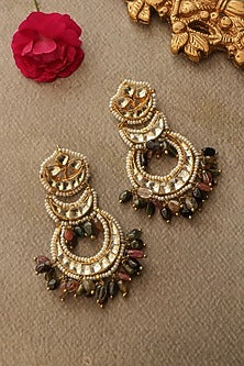 Gold Finish Kundan Polki & Multi-Colored Tourmaline Stone Dangler Earrings