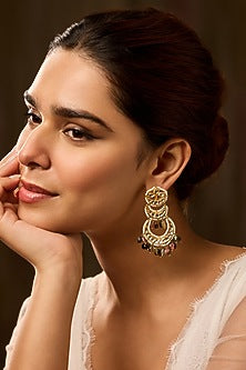 Gold Finish Kundan Polki & Multi-Colored Tourmaline Stone Dangler Earrings