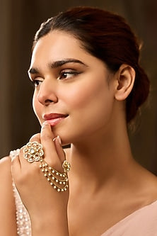Gold Finish Kundan Polki & Pearl Adjustable Ring