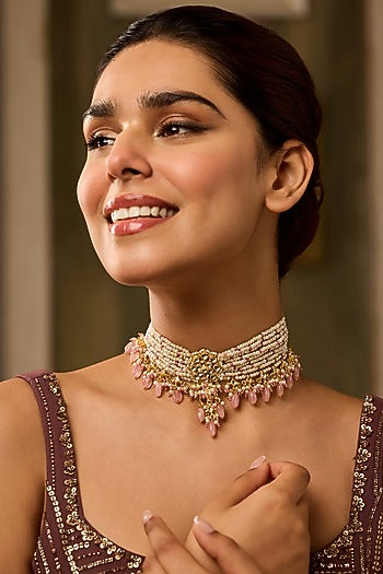 Gold Finish Kundan Polki & Pearl Necklace