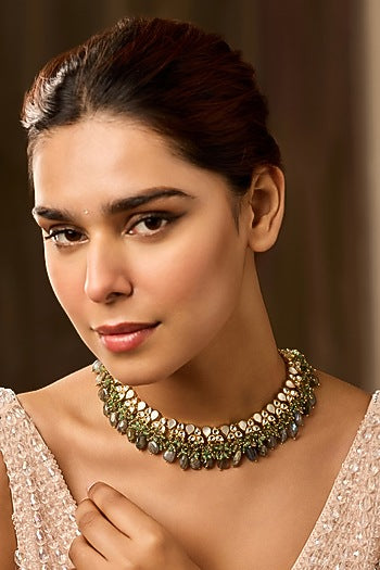 Gold Finish Onyx & Mother Of Pearl Necklace