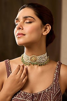 Gold Finish Kundan Polki & Pearl Choker Necklace