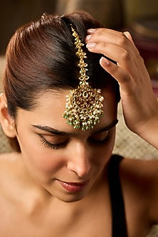 Gold Finish Kundan Polki & Rice Pearl Maangtikka