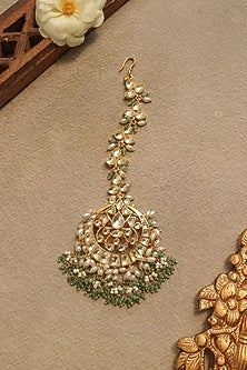 Gold Finish Kundan Polki & Rice Pearl Maangtikka