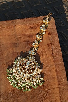 Gold Finish Kundan Polki & Rice Pearl Maangtikka