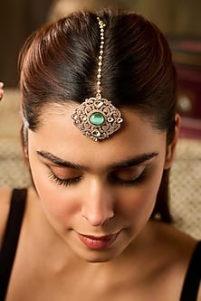 Gold Finish Mint Stone & Pearl Maangtikka