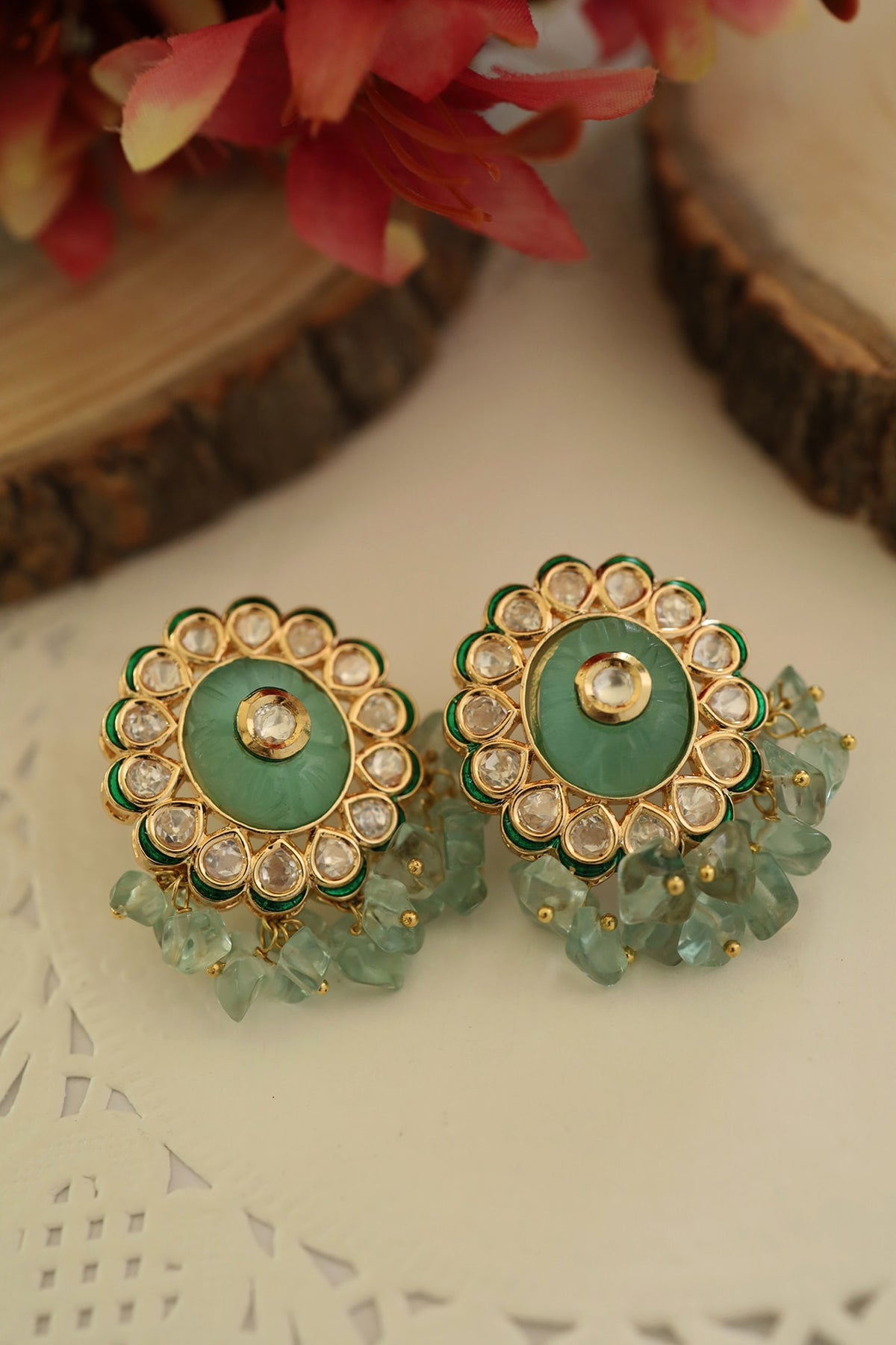 Gold Finish Mint Stone Stud Earrings