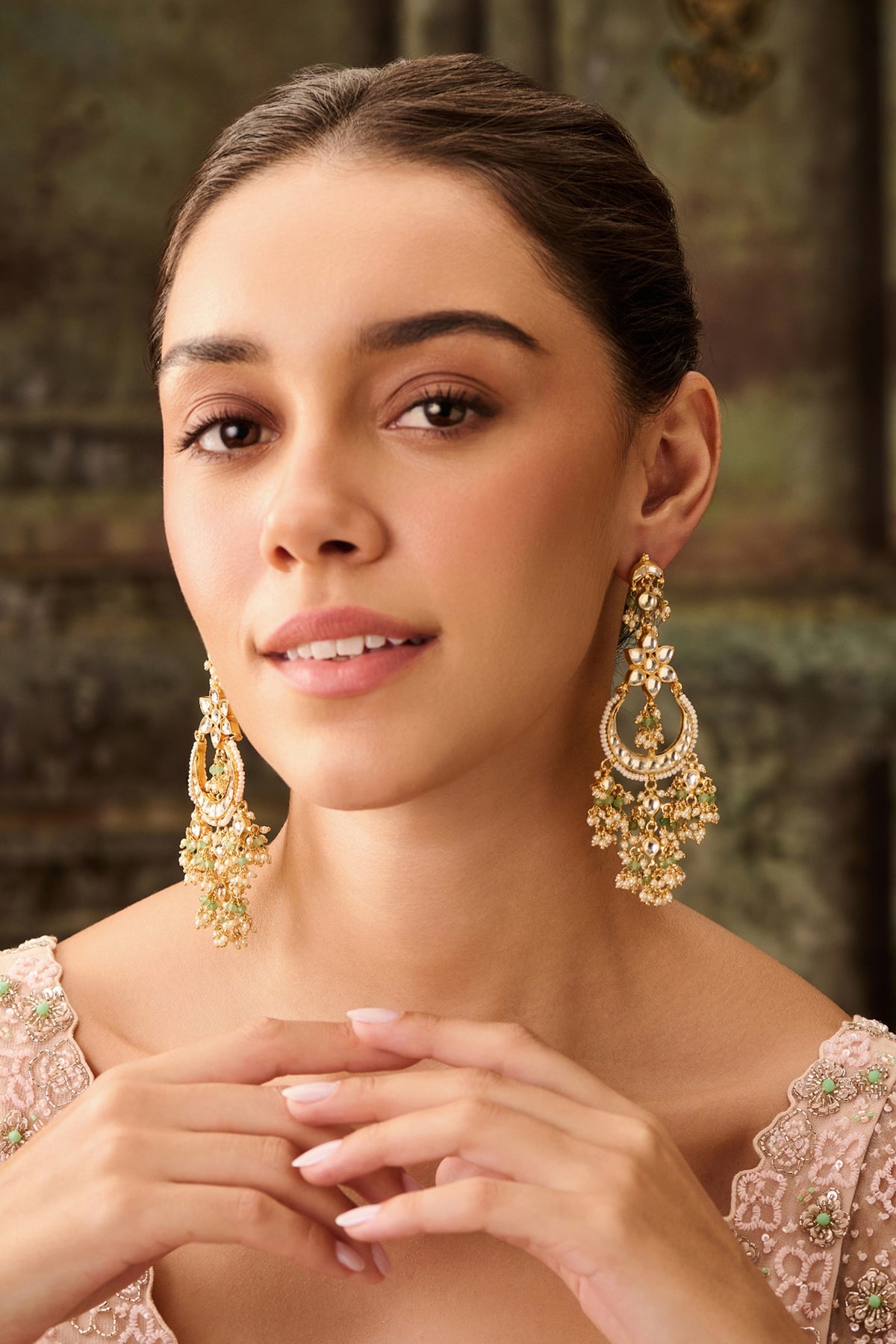 Gold Plated Kundan Polki & Mint Onyx Floral Earrings
