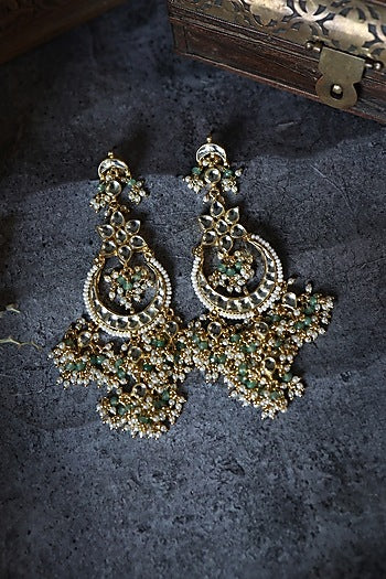 Gold Plated Kundan Polki & Mint Onyx Floral Earrings