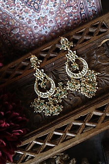 Gold Plated Kundan Polki & Mint Onyx Floral Earrings