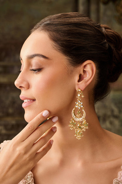 Gold Plated Kundan Polki & Mint Onyx Floral Earrings