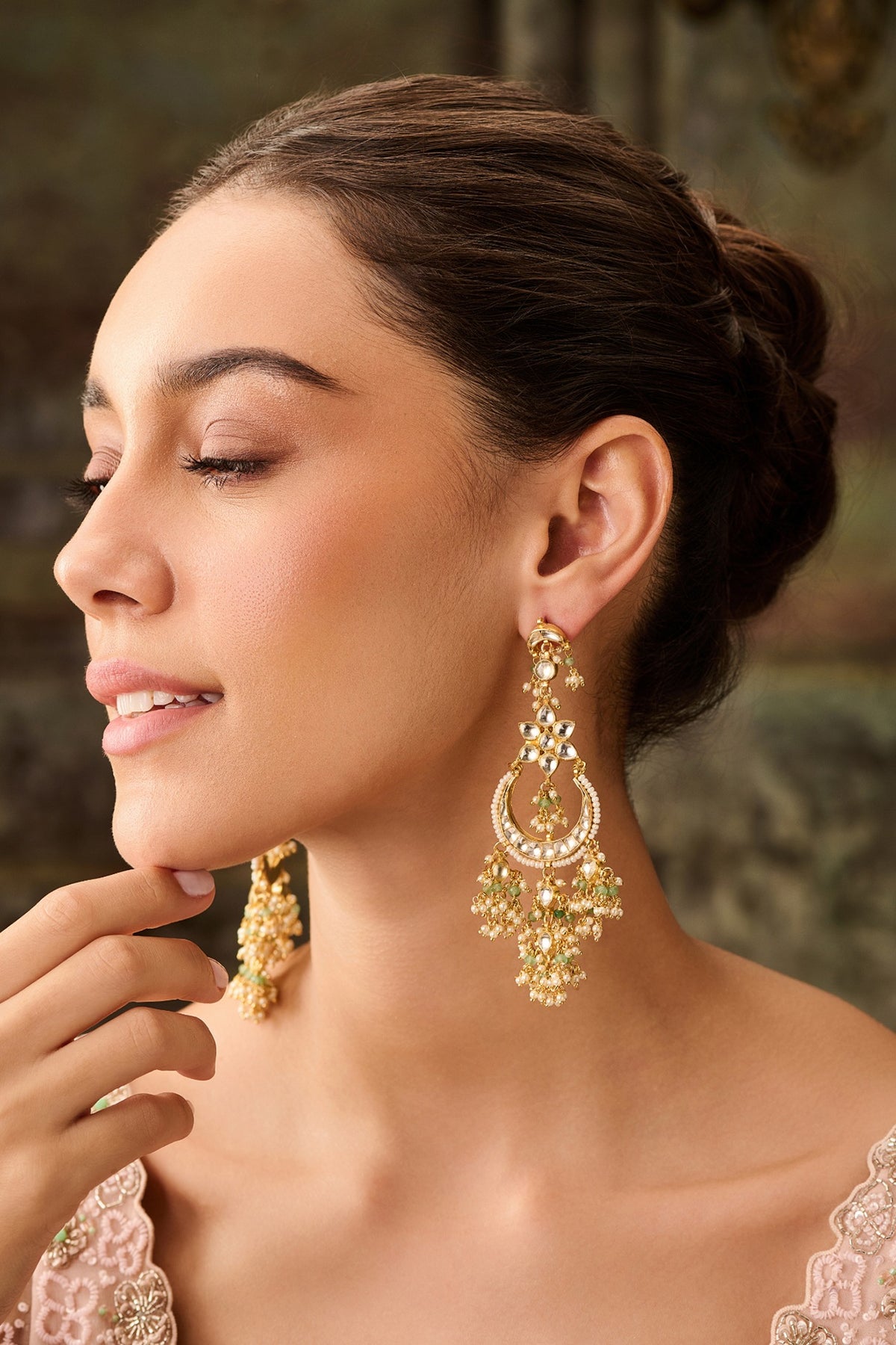 Gold Plated Kundan Polki & Mint Onyx Floral Earrings