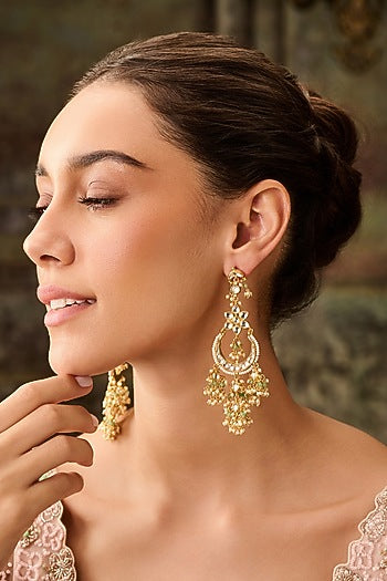 Gold Plated Kundan Polki & Mint Onyx Floral Earrings