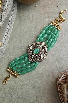 Gold Plated Kundan Polki & Green Onyx Bracelet
