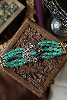 Gold Plated Kundan Polki & Green Onyx Bracelet