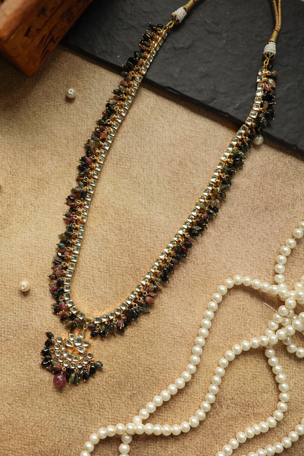 Gold Plated Kundan Polki & Tourmaline Stone Necklace
