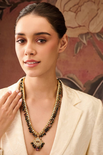 Gold Plated Kundan Polki & Tourmaline Stone Necklace