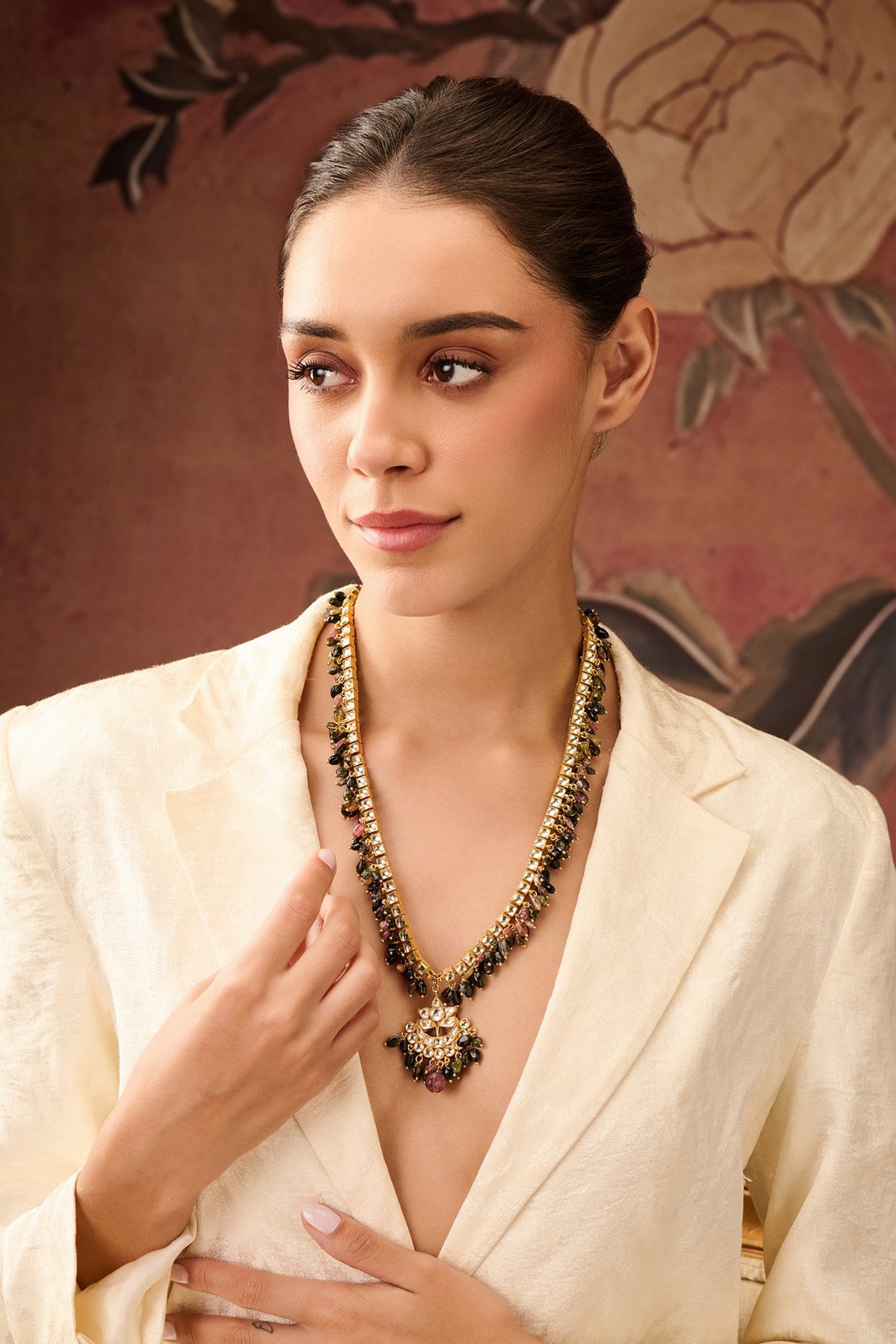 Gold Plated Kundan Polki & Tourmaline Stone Necklace